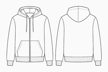 Full Zip Hoodie Sweatshirt Flat Technical Drawing Illustration Mock-Up Template for Design and Tech Packs Men or Unisex Fashion CAD Streetwear