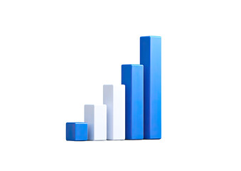 3D graphic of a rising bar chart.  Blue and white bars, ascending order.  Clean, stylized design