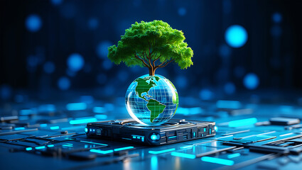 Green tree growing from glowing earth on futuristic circuit board globe blue