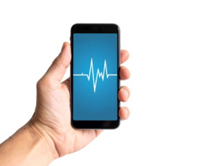 Human hand grasping a smartphone showing a white pulse line on a blue screen, illustrating health monitoring.