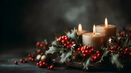 A table centerpiece with candles, holly, and small Christmas ornaments, dark background 