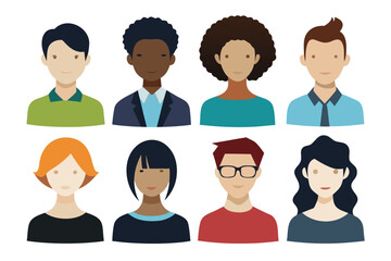Eight Diverse Avatar Portraits Professional and Casual Characters Illustration with Varied Hairstyles and Skin Tones