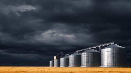 Obraz premium Dramatic sky over silver silos in a golden field, showcasing rural agriculture under storm clouds