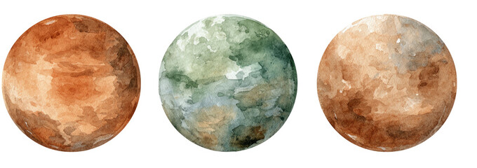 Three stylized watercolor planets, varying in color tones
