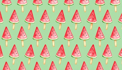 Watercolor Watermelon Popsicle Pattern on Mint Green Background, Summer Treat