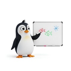 Obraz premium A cartoon penguin is standing next to a whiteboard, ready to present or teach, isolated on white background