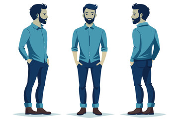 Flat Illustration Man in Blue Shirt and Jeans, Front and Side Views
