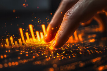 Digital data visualization with a hand interacting with glowing financial graph display