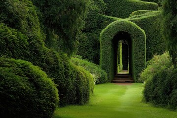 Lush green garden path leading to an arched, sculpted yew hedge tunnel; manicured lawns and shrubs surround