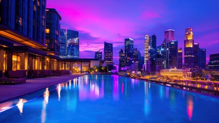 Fototapeta premium Stunning skyline view of a vibrant city at dusk from a rooftop infinity pool with colorful reflections