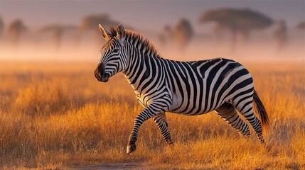 Naklejka premium A lone zebra walks through a golden savanna at sunrise, its distinctive stripes illuminated by the warm morning light