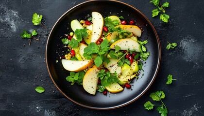 Autumn Harvest Salad With Pear, Sorrel, Parsley, Mint, Herbs, And Mustard. A Vitamin-Packed Salad Bursting With Seasonal Flavors.