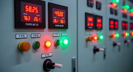 Control Panel with Digital Power Meters and Illuminated Buttons | Electrical Engineering Equipment for Industrial Systems and Energy Management