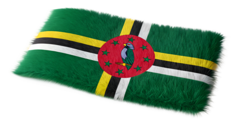 Furry textured Dominica flag with green field, cross design, and red circle featuring parrot and stars. Symbol of Caribbean culture and independence. Perfect for travel, heritage, and national pride t