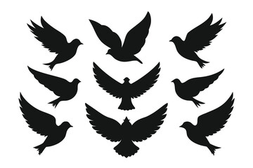 Obraz premium Nine Black Dove Bird Silhouettes Flying Together Symbolizing Peace, Freedom, and Hope
