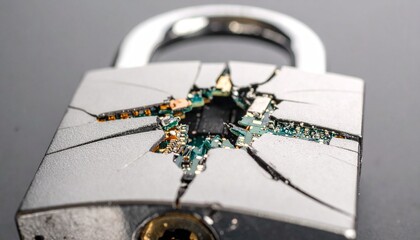 A broken padlock revealing a circuit board, symbolizing a cybersecurity breach, data vulnerability, or a compromised digital security system. Emphasizes protection failure.