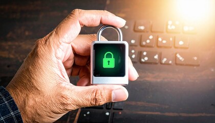 Hand holding a modern digital padlock with a glowing green lock icon, symbolizing data protection and cybersecurity against a blurred keyboard background.