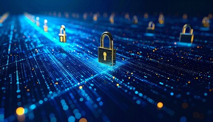 Golden padlocks on a glowing blue digital data background, symbolizing cybersecurity, data protection, and network security in a futuristic technological concept.