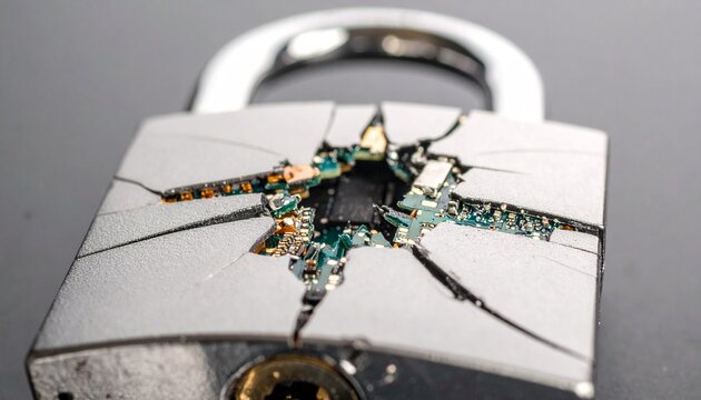A broken padlock revealing a circuit board, symbolizing a cybersecurity breach, data vulnerability, or a compromised digital security system. Emphasizes protection failure.
