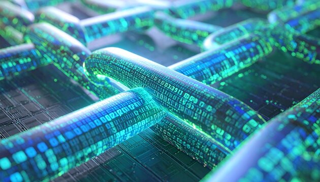 Close-up of glowing digital chains representing blockchain technology, data security, and interconnected networks in a futuristic blue and green palette.