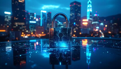 Fototapeta premium A glowing digital padlock with a keyhole stands on a reflective surface, symbolizing data security and internet protection in a blurred modern city at night.