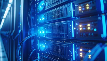 Close-up of server racks in a data center, featuring glowing blue lights, cooling fans, and network cables. Represents modern information technology infrastructure.