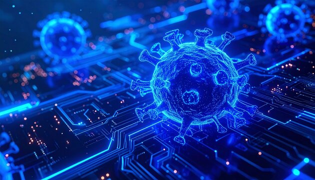 Microscopic virus particles on a glowing blue circuit board, representing digital health, cybersecurity threats, or scientific research and data.