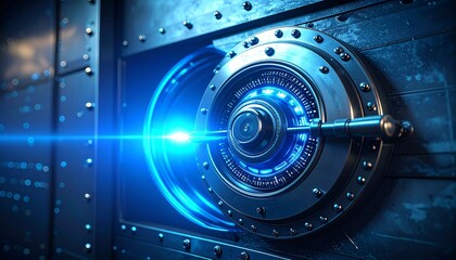 Close-up of a futuristic vault or safe door mechanism glowing with blue light, symbolizing digital data security and protection.