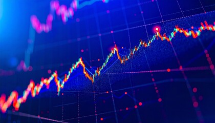 Abstract digital representation of financial market data with glowing candlestick patterns on a dark blue background, symbolizing investment, growth, and analytics.