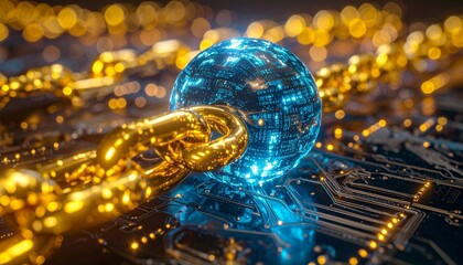 A glowing blue digital sphere connected by a golden chain over a circuit board background, representing blockchain technology and global data security.