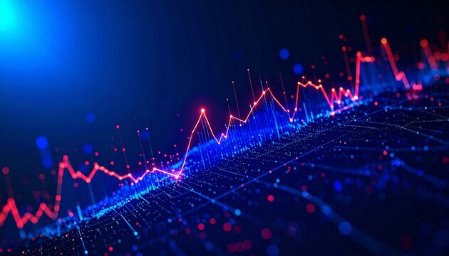 Abstract digital graph with glowing red lines representing financial data, market trends, or business analysis on a futuristic blue background.