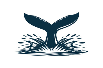 Whale Tail Fin Splashing, Sea Waves Black Silhouette, Marine Life on White © Lovely