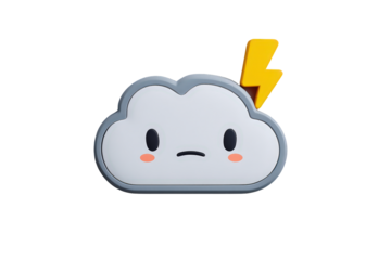 Cute Sad Cloud Emoji with Lightning Bolt on Transparent Background