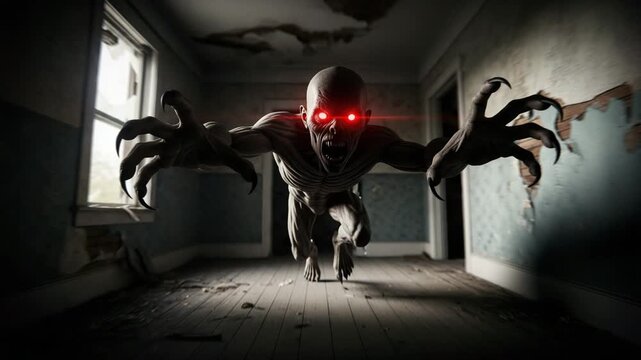 A terrifying creature with glowing red eyes runs through an abandoned house, stretching out its clawed paws. Excellent footage for the horror genre.