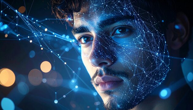 Close-up of a man's face with an overlay of a glowing blue digital network, symbolizing artificial intelligence, data, and human-technology connection.