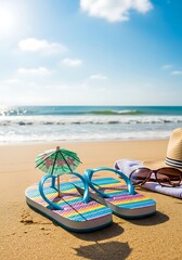 Obraz premium Colorful flip-flops on sandy beach