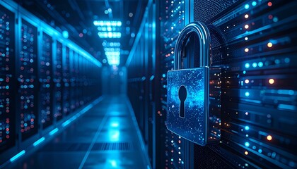 A digital padlock with a keyhole symbolizes robust cybersecurity and data protection within a high-tech server room environment, featuring illuminated network infrastructure.