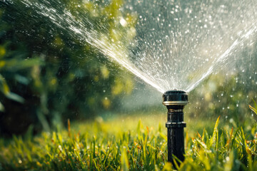 Garden sprinkler system watering lush green grass in a vibrant outdoor setting