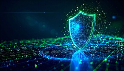 Abstract digital shield symbolizing cyber security, data protection, and network safety within a glowing, interconnected technological environment.