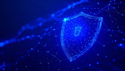 Digital shield icon representing cybersecurity, data protection, and network security in a futuristic technological environment with glowing connections on a blue background.