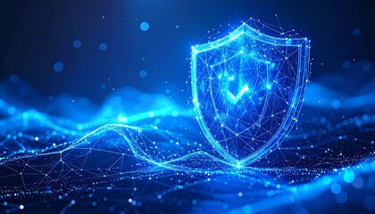 Abstract representation of digital security and data protection with a glowing shield icon and interconnected network lines on a futuristic blue background, symbolizing online safety and privacy.