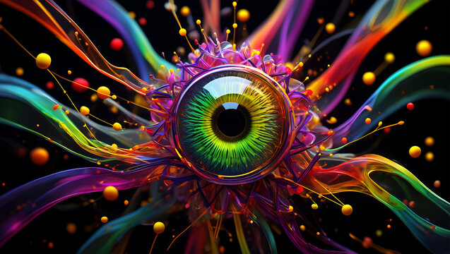 Vibrant psychedelic eye with colorful swirling energy iris pupil