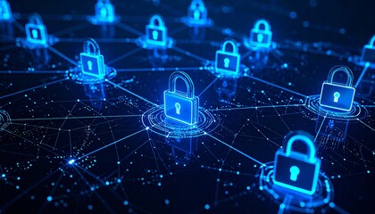 Abstract representation of data protection and network security with glowing padlock icons forming a digital connection system, symbolizing cybersecurity and privacy.
