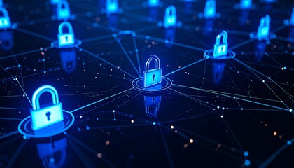 Abstract digital network with glowing padlock icons, symbolizing cybersecurity, data protection, and secure online connections.