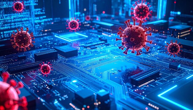 3D rendering of abstract virus-like particles on a futuristic blue circuit board, representing cybersecurity threats, digital infection, or biological data.