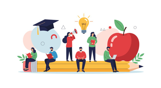 Illustration of diverse people engaging in learning and intellectual pursuits with educational symbols