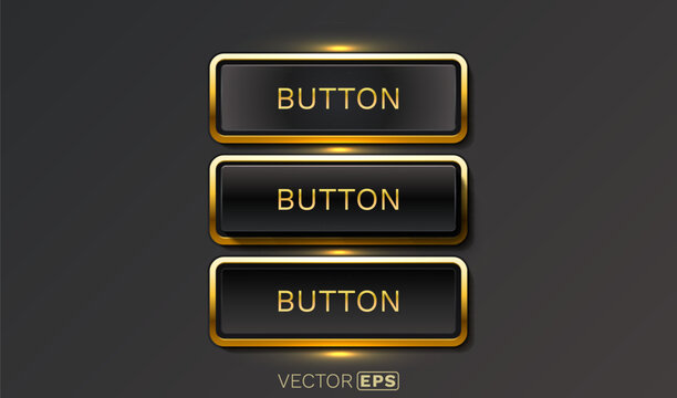 Black golden button set, three states of the button, pressed, released, hovered. Vector illustration