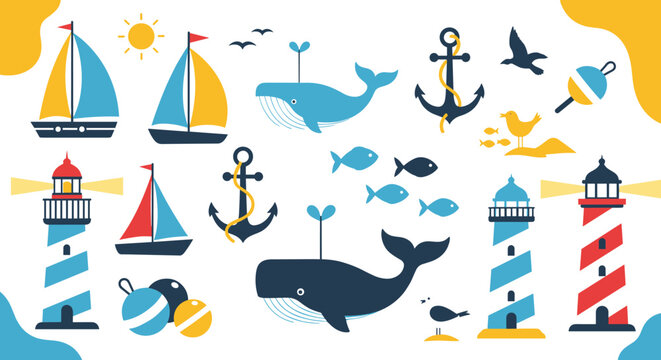 Nautical voyage adventure elements collection featuring sailing boats lighthouses whales anchors seabirds and marine life for design projects