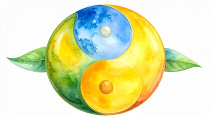 Watercolor Yin Yang Symbol with Leaves: Harmony, Balance, and Nature.