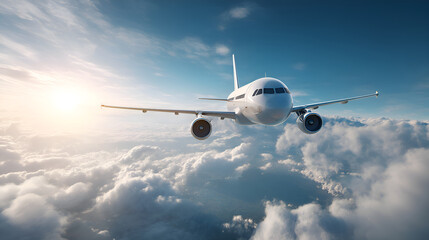 Obraz premium Commercial airplane flying above clouds at sunrise